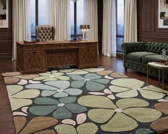 Alfombra floral tejida a mano, alfombra de lana de estilo moderno de mediados de siglo, alfombra botánica verde salvia, alfombra escandinava para sala de estar, decoración hecha a mano