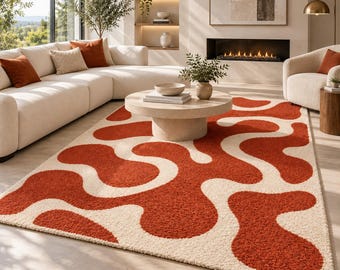 Rust Abstract Rug, Hand Tufted Area Rug, Terracotta Wavy Carpet, Modern Living Room Rug, Mid Century Bedroom Rug, Custom Size Rug