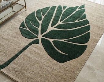 Alfombra de lana tejida a mano, alfombra botánica tropical con diseño de hojas de monstera, alfombra moderna verde llamativa para la sala de estar.