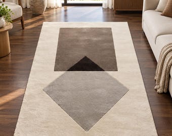 Hand Tufted Geometric Rug, Beige Gray Abstract Area Rug, Modern Minimalist Carpet, Contemporary Rectangle Rug, Custom size