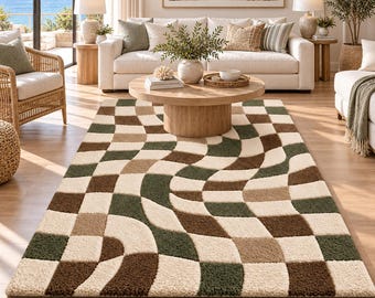 Hand Tufted Wool Area Rug, Warped Checkerboard Pattern, Modern Earthy Rectangle Living Room Rug, Medium Pile, Custom size