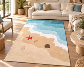 Hand Tufted Beach Rug, Coastal Ocean Area Rug, Seaside Starfish Carpet, Nautical Beach House Décor, Custom size