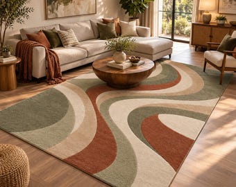 Hand Tufted Abstract Wave Rug Terracotta Sage Cream Area Rug Modern Organic Living Room Bedroom Custom Size Rug