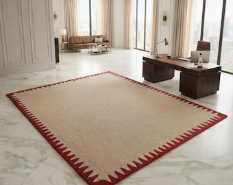 Alfombra de lana color crema tejida a mano, alfombra con borde burdeos, alfombra minimalista contemporánea para sala de estar.