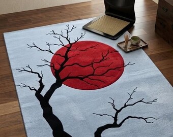 Alfombra de lana tejida a mano, alfombra con diseño de árbol bonsái del sol rojo, decoración zen japonesa, alfombra moderna hecha a mano para la sala de estar.