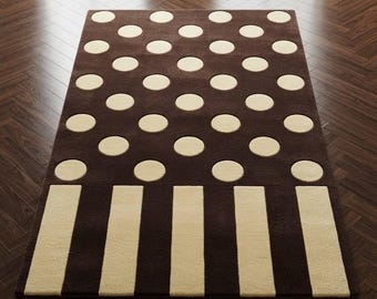 Hand Tufted Brown Cream Geometric Rug, Retro Polka Dot & Stripe Area Rug, Mid Century Modern Living Room Rug, Custom Size