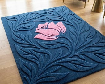 Alfombra tejida a mano, estampado floral azul marino, alfombra botánica con flores rosas, alfombra contemporánea llamativa para la sala de estar.