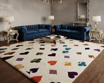 Alfombra de cartas de juego tejida a mano, alfombra de lana con símbolos de póker, alfombra para sala de juegos de casino, decoración novedosa para la sala de estar.