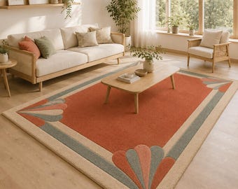Hand Tufted Art Deco Rug, Terracotta Area Rug, Vintage Geometric Border Carpet, Rectangle Living Room Rug, Custom size