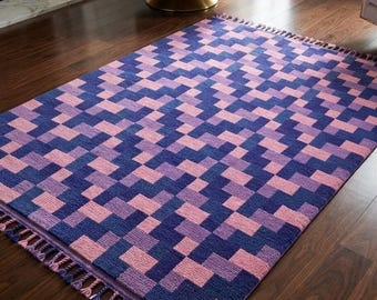 Purple Hand Knotted Rug, Geometric Area Rug, Boho Modern Carpet with Fringe for Living Room Bedroom, Colorful Statement Décor