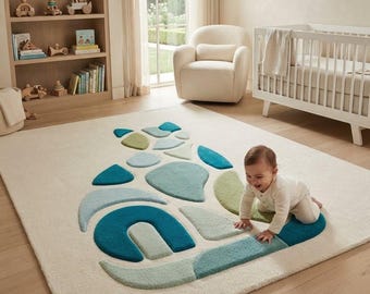 Alfombra infantil tejida a mano para guardería, alfombra abstracta azul y verde para sala de juegos, alfombra moderna para habitación de bebé, alfombra infantil de lana suave.