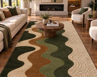 Hand Tufted Wavy Stripe Rug Green Brown Beige Wool Area Rug Modern Living Room Bedroom Custom Size rug