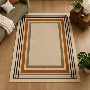 Hand Tufted Rug, Geometric Border Area Rug, Neutral Modern Rectangular Carpet with Rust Olive Lines for Living Room Bedroom, 8 x 10 ft rug