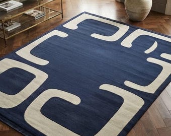 Alfombra geométrica moderna anudada a mano, alfombra de lana azul marino, alfombra abstracta minimalista, decoración escandinava para sala de estar.