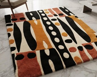 Alfombra abstracta tejida a mano, alfombra geométrica moderna de mediados de siglo, alfombra contemporánea para sala de estar.