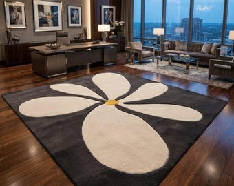 Alfombra de lana tejida a mano, alfombra grande con estampado floral de margaritas para sala de estar, alfombra llamativa en negro y marfil, decoración contemporánea para el hogar.