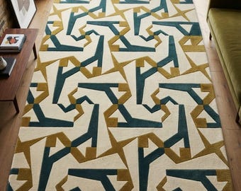 Hand Tufted Geometric Rug, Modern Abstract Area Rug, Teal Mustard Cream Carpet, Mid Century Living Room Bedroom Décor,