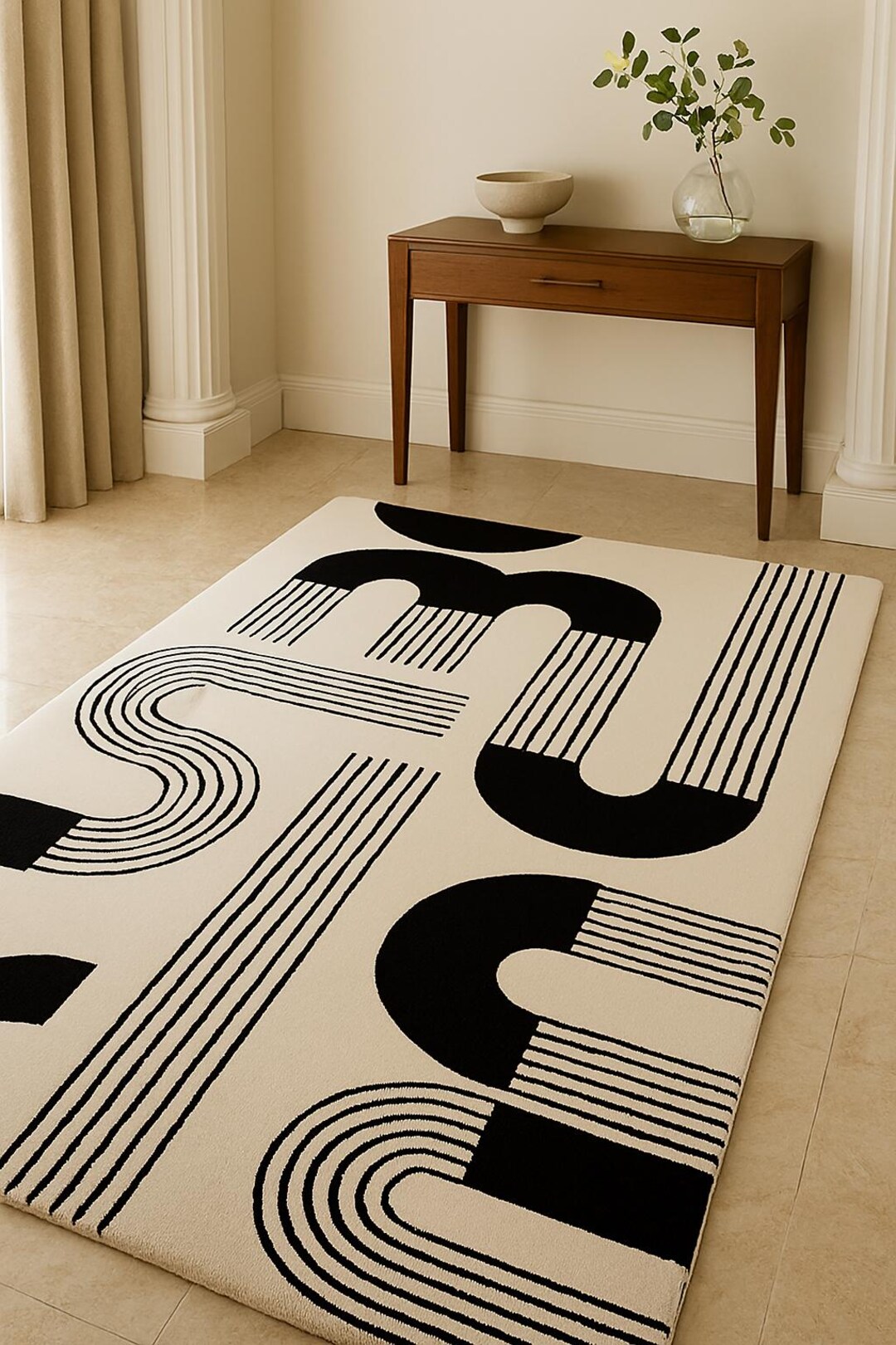 Modern Rug Solid Background Hand Tufted Abstract Modern Rug – Cream & Black Geometric Contemporary ...