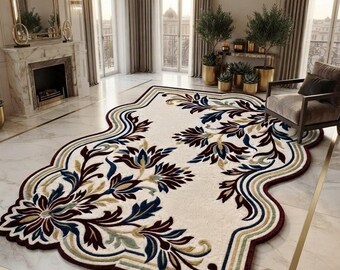 Alfombra tejida a mano con forma floral, alfombra de lana botánica de lujo, alfombra irregular llamativa, alfombra contemporánea para sala de estar.