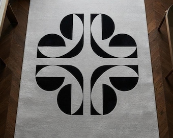 Alfombra geométrica blanca y negra tejida a mano, alfombra de lana minimalista moderna, alfombra abstracta escandinava, decoración contemporánea para sala de estar.