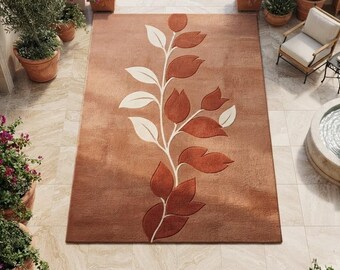 Alfombra botánica tejida a mano, alfombra de lana con diseño de hojas de terracota, alfombra moderna con motivos naturales, decoración contemporánea para sala de estar y dormitorio, alfombra de 2,7 x 3,6 metros.