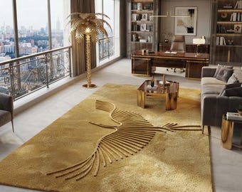 Hand Tufted Gold Rug, Abstract Crane Bird Area Rug, Modern Luxury Carpet, Minimalist Nature Pattern Rectangle Rug, Custom size