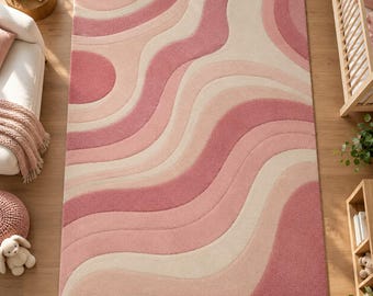 Hand Tufted Pink Wavy Stripe Rug Blush Cream Nursery Rug Scandinavian Décor Custom Size rug