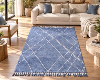 Hand Knotted Blue Gray Rug, Modern Abstract Geometric Area Rug, Minimalist Scandinavian Carpet, Custom size