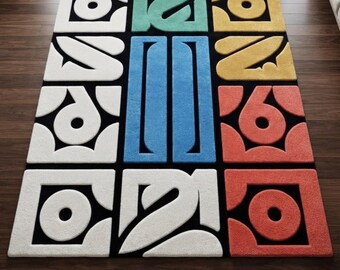 Alfombra de lana abstracta geométrica tejida a mano, alfombra moderna de mediados de siglo con bloques de color, alfombra hecha a mano para sala de estar.