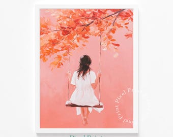 印刷可能なコテージコア風ブランコに乗る少女の絵画 - ロマンチックな秋の装飾、柔らかな女性らしいアート、温かみのある素朴な雰囲気、デジタルダウンロード、秋のウォールアート