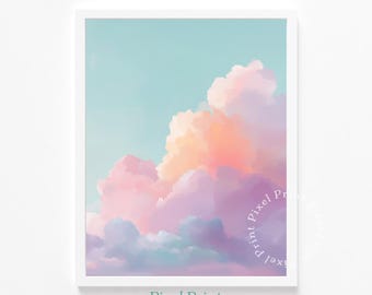 Pintura de acuarela de paisaje de nubes pastel: arte moderno para pared de guardería, impresión de cielo suave y aireado, decoración minimalista relajante, descarga digital imprimible