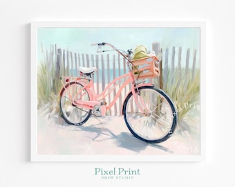Summery Coastal Bicycle Printable - Cottagecore Pastel Pink Bike by the Beach, Watercolor Art Digital Download, Soft Vintage Seaside Decor