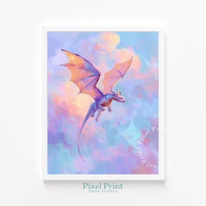 May include: A framed print featuring a fantasy illustration of a dragon in flight. The dragon is depicted with purple and blue scales, orange wings, and a long tail. The background is a colorful blend of pink, blue, and purple hues.
