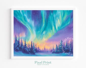 Pintura imprimible de la aurora boreal: cielo nocturno melancólico en un rústico bosque invernal, dramáticas auroras boreales en verde azulado y morado, descarga instantánea.