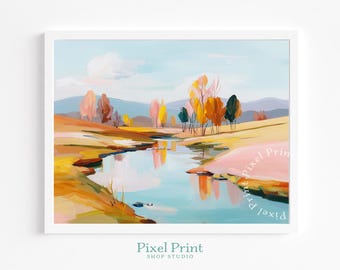 Paisaje otoñal con río imprimible: arte mural rústico estilo cottagecore, acogedores colores otoñales, pintura pastoral pastel, descarga digital instantánea