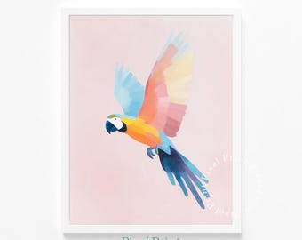 印刷可能なトロピカルオウムの壁アート - 遊び心のある保育園の装飾、鮮やかな水彩画、子供部屋のデジタルプリント、モダンで明るい鳥アートをダウンロード