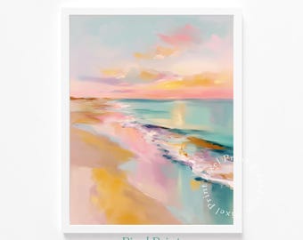 Printable Serene Beach Sunrise Watercolor - Pastel Coastal Wall Art, Modern Airy Landscape Decor, Cozy Bedroom Accent, Digital Art Download