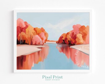 Paisaje rústico de río otoñal imprimible, escena minimalista con reflejo de árbol otoñal, decoración de pared acogedora de temporada, impresión digital.