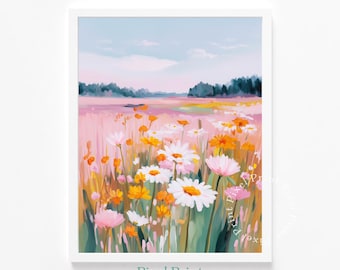 Printable Pastel Wildflower Meadow Wall Art, Spring Cottagecore Decor, Soft Feminine Floral Painting, Digital Farmhouse Landscape Print