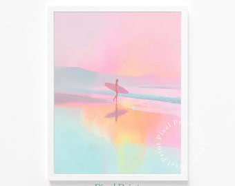 Pastel Beach Surfer Art Printable - Calm Sunset Silhouette, Soft Coastal Watercolor Painting, Serene Ocean Wall Decor, Digital Download