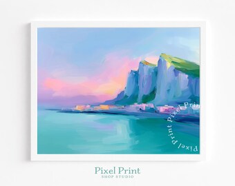 Acantilados costeros al atardecer (imprimible): paisaje marino sereno en tonos pastel, arte mural moderno y tranquilo, mar turquesa, paisaje digital, descarga instantánea
