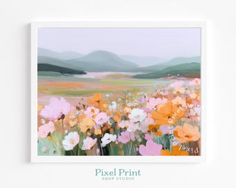 Pintura de prado con flores silvestres en tonos pastel: arte paisajístico brillante estilo cottagecore, escena pastoral serena en tonos pastel suaves, arte mural imprimible para descargar.