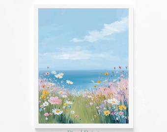Arte imprimible de pradera costera con flores silvestres: paisaje veraniego sereno, escena pastoral estilo cottagecore, cielo azul brillante, descarga digital instantánea