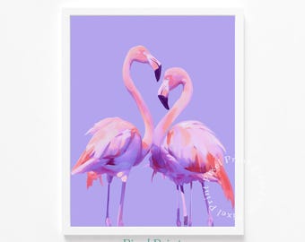 May include: A framed print featuring two pink flamingos with curved necks forming a heart shape against a lavender background. The birds have black beaks and are standing. The print is in a white frame. The bottom of the frame has the text "Pixel Print SHOP STUDIO".