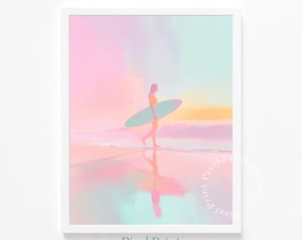 Modern Coastal Printable Art - Surfer at Sunrise, Soft Pastel Beach Scene, Calming Watercolor-Style Illustration, Digital Instant Download