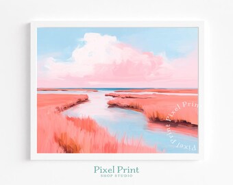Pintura imprimible de paisaje de marisma costera: arte mural de arroyo con mareas en tonos pastel serenos, paisaje de marisma romántico y suave, decoración digital relajante.