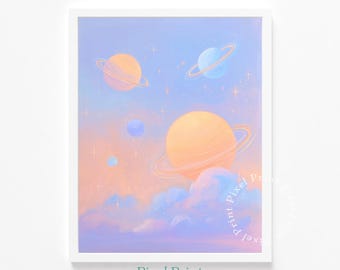 Celestial Nursery Wall Art - Printable Pastel Planet Landscape, Dreamy Modern Space Decor for Kids, Cute Soft Pastel Sky Digital Download