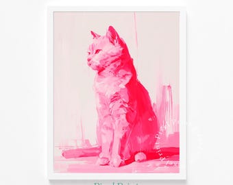 Minimalist Pink Cat Wall Art - Monochromatic Pop Art, Cute Modern Decor, Nursery Printable, Painterly Pink Cat, Instant Digital Download