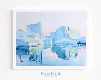 Pintura de icebergs antárticos serenos: arte mural costero moderno en tonos pastel, acuarela invernal imprimible, plataforma de hielo tranquila, descarga digital