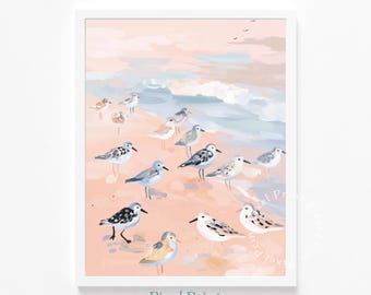 Printable Sandpiper Flock Painting - Coastal Wall Art, Pastel Seaside Scene, Beachy Nursery Decor, Soothing Abstract Gouache Style Download